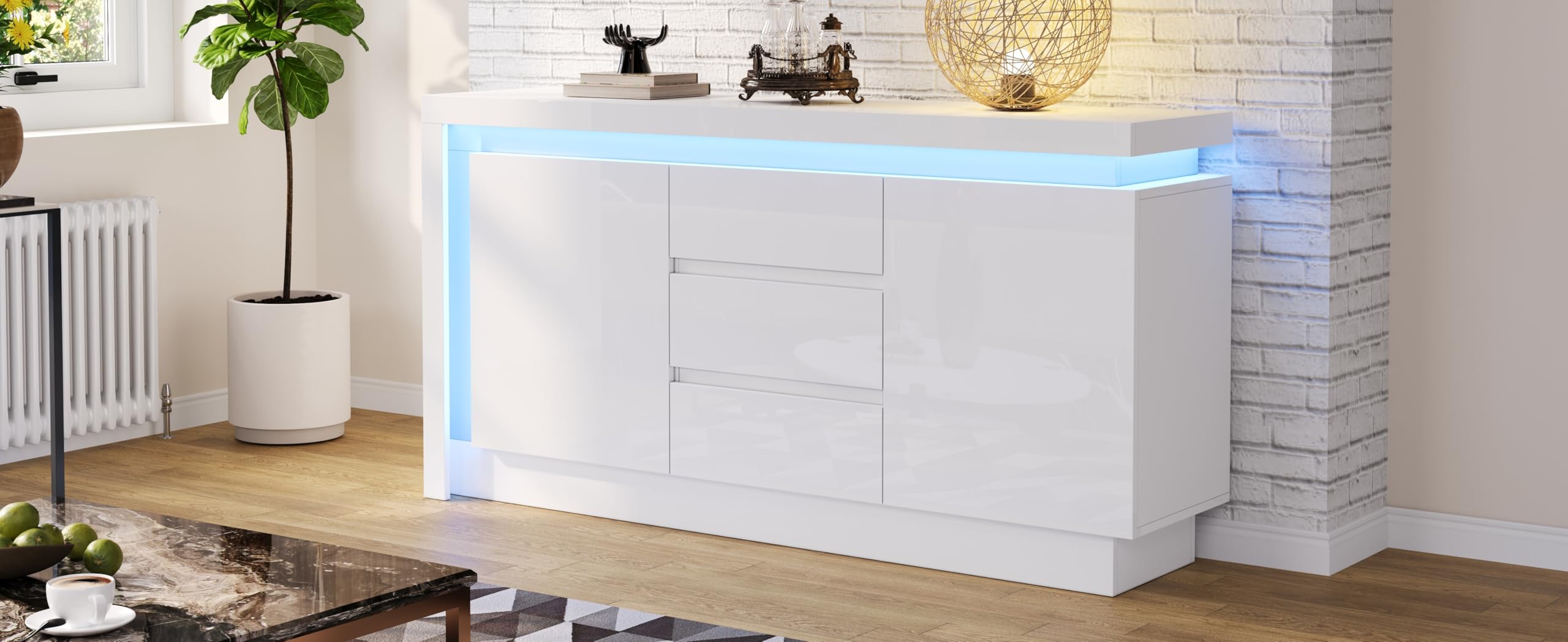 BTM 140x35x72cm Sideboard,Kommode für das Schlafzimmer, Wohnzimmer,Beistelltisch mit 3 Schubladen,Schrank mit verstellbaren Einlegeböden und 2 Türen, Hochglanz Sofa Beistellschrank mit LED, Weiß