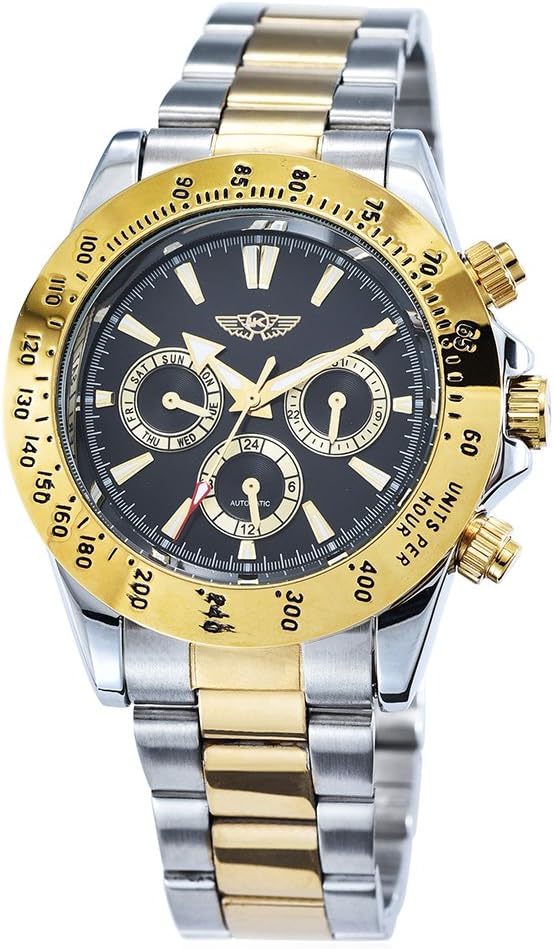 Yaki Luxury Men Gold Sliver Automatic Mechanical Wristwatch Black Dial Stainless Steel Bracelet Day Date 24Hours