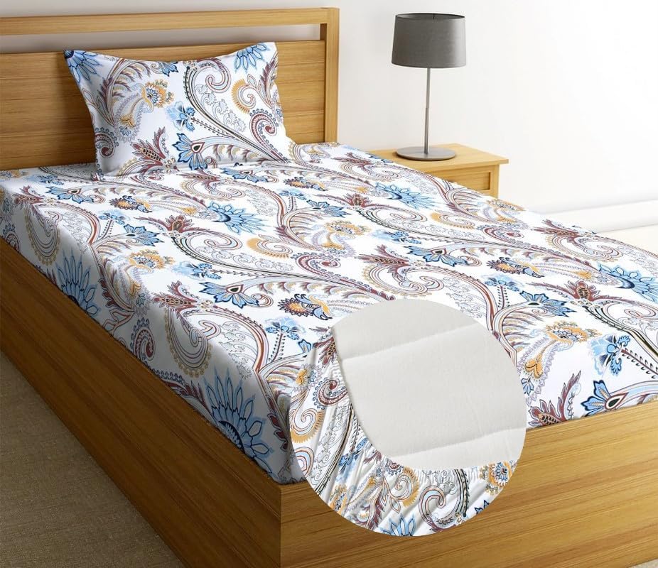 Image of Blue Strip 220TC Glace Cotton Elastic Fitted Bedsheets Single Bed with 1 Pillow Cover | Single Bed with All Around Elastic, Size 42 X 75 Inches (White Jaipuri), Small Single