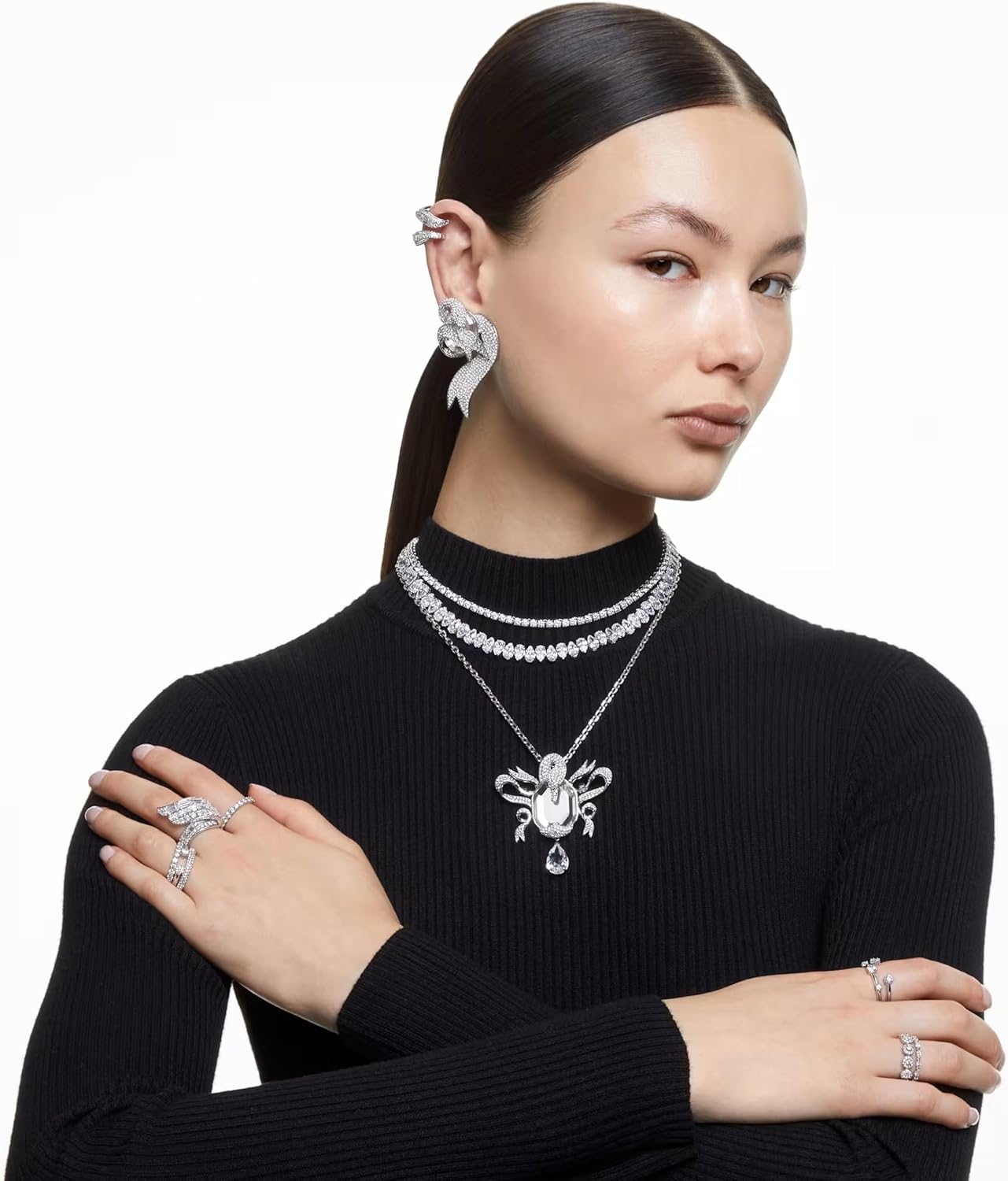 Swarovski Matrix Crystal Ring Collection, Round Cut, Prong Setting, Rhodium Finish