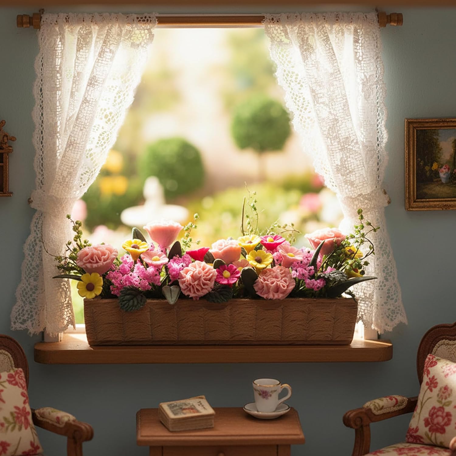 Dollhouse Plants, 1:12 Scale Colorful Miniature Plants Clay Flowers in Wooden Planter Box, Realistic Dollhouse Décor Accessories (3.2 Inch), Style-1 image 2