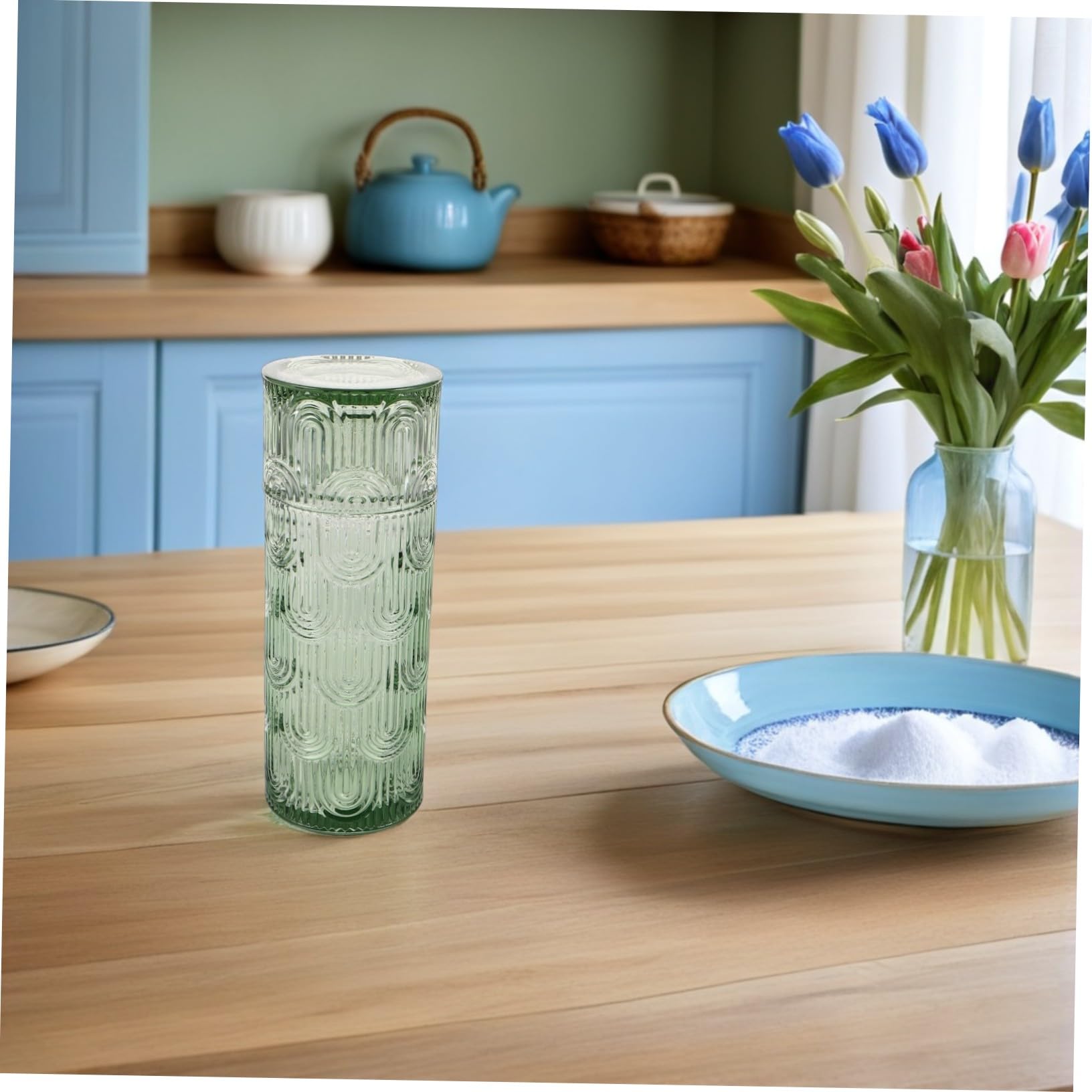 COLLBATH Embossed Glas Wasserbehälter Set mit Trinkbecher Klarer Kaltwasserbehälter und Becher Vielseitig für Saft Milch Mundspülung Kompakt für Nachttisch und Kleine Haushalte