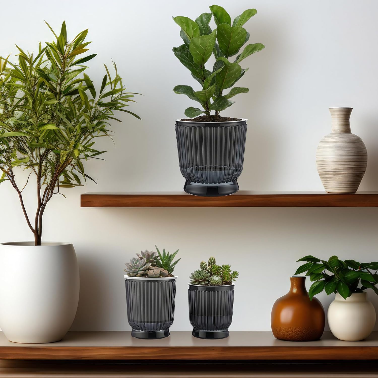 Set of 6 Self Watering Plant Pot 3 Sizes Plastic Double Layer Self Watering Flower Pot with Multi Mesh Drainage Holes Wicking Reservoir for Indoor Outdoor Garden Plants(Black)