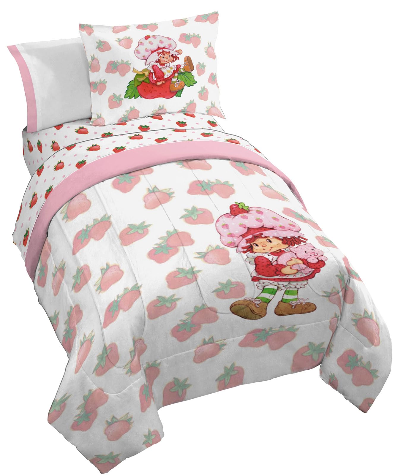 Jay Franco Strawberry Shortcake Full Comforter Set - 7 Piece Bedding Includes Sheet Set & Pillow Covers - Super Soft Pink & White Kids Bedding
