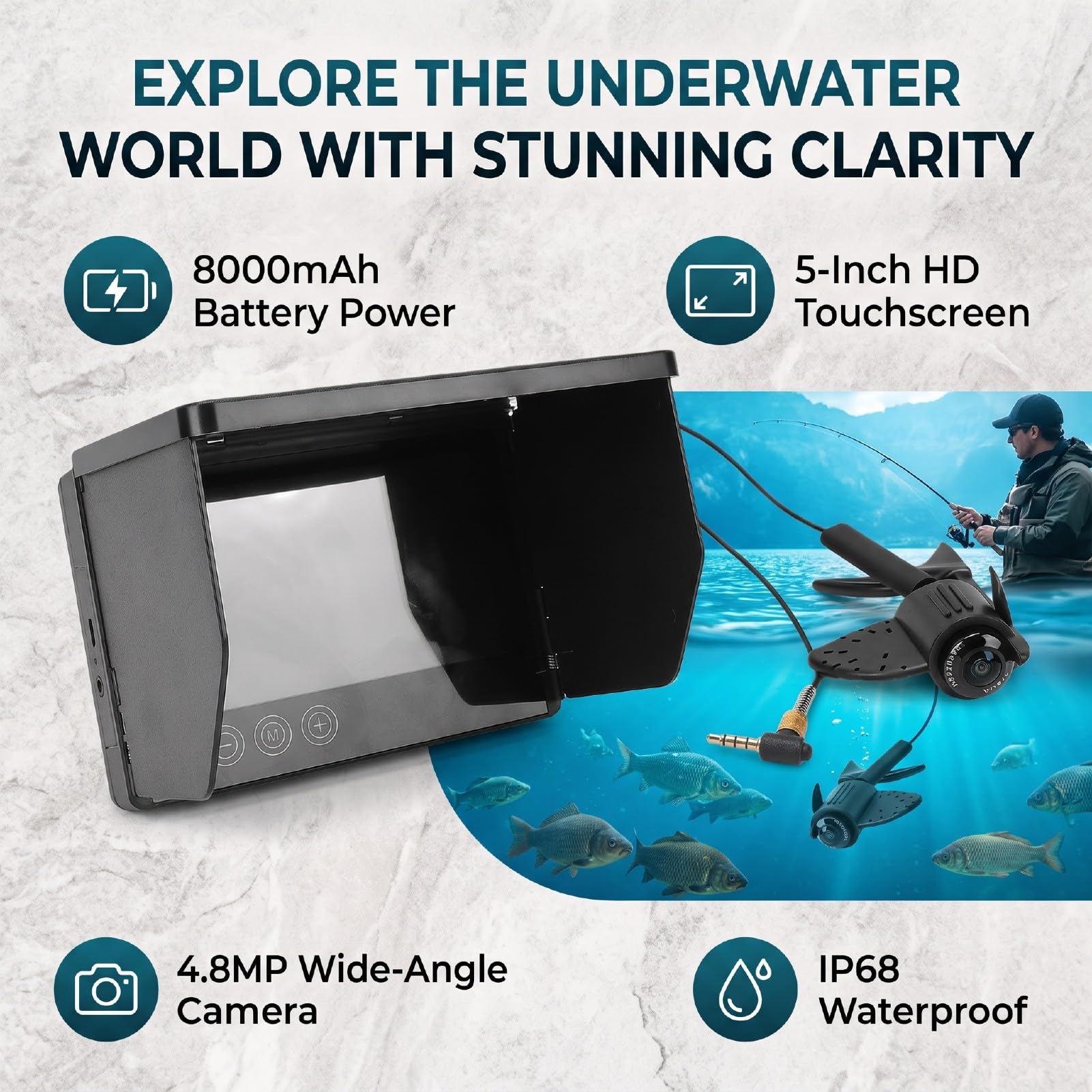 ASHATA Cámara de Pesca Submarina 8000mAh IP68 Pantalla Táctil de 5 Pulgadas