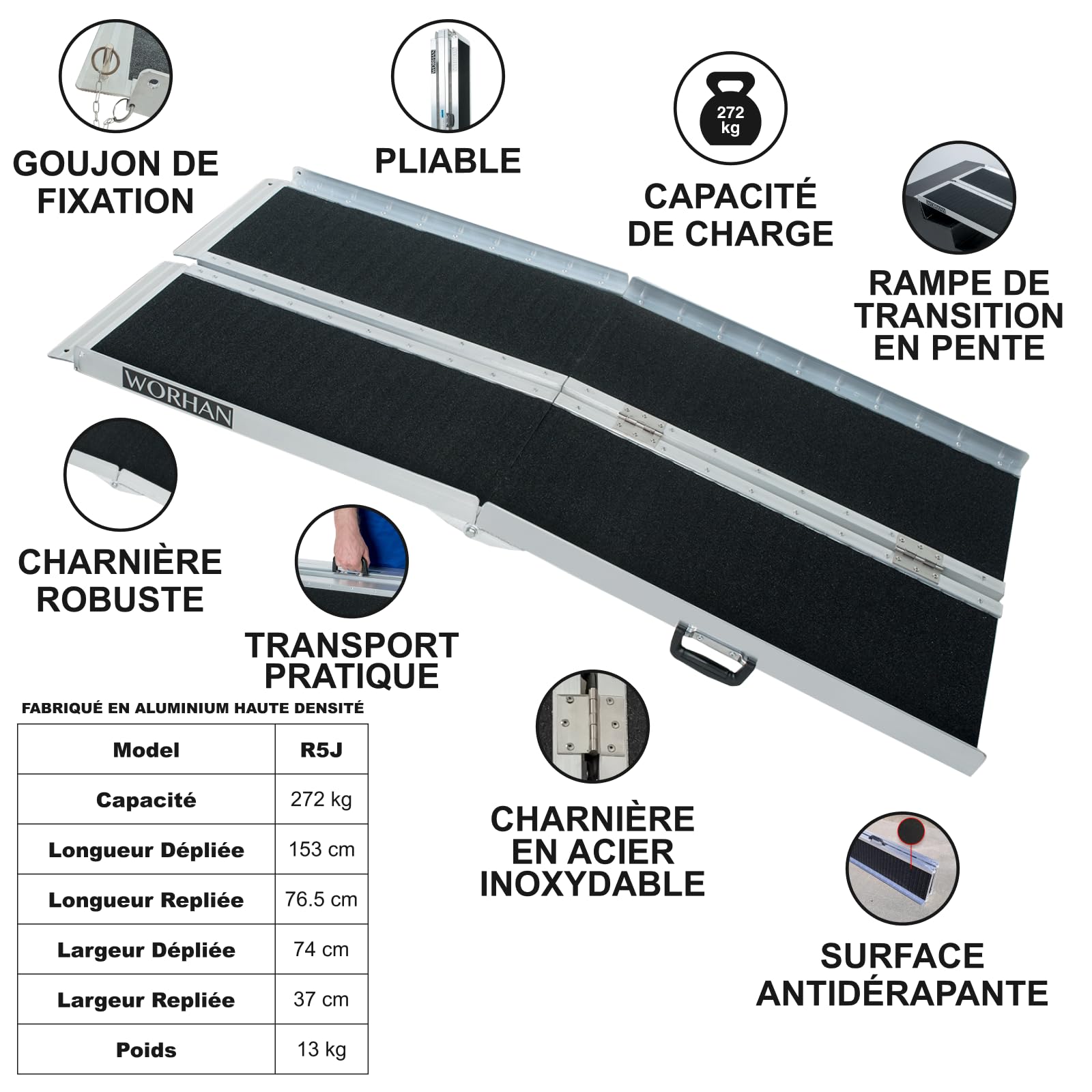 1.53m Rampe Alu Pliable Valise Fauteuil Roulant Chargement Scooter Plate-Forme Aluminium Anodisé Antidérapante Elevée 153cm R5J