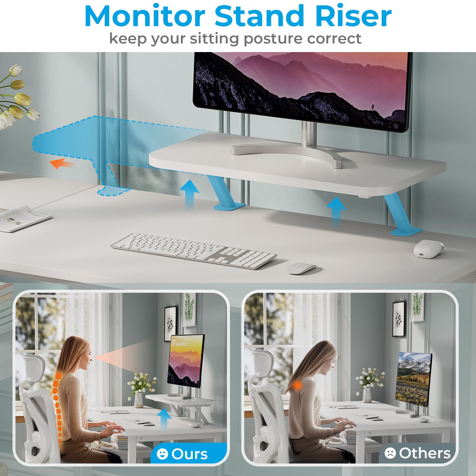 GreenForest Scrivania da Ufficio e Gaming con Supporto per Monitor, Tavolo per computer da Casa da 120 cm con Scaffle Reversibili, Scrivania da Studio per Piccoli Spazi, Bianca Puro