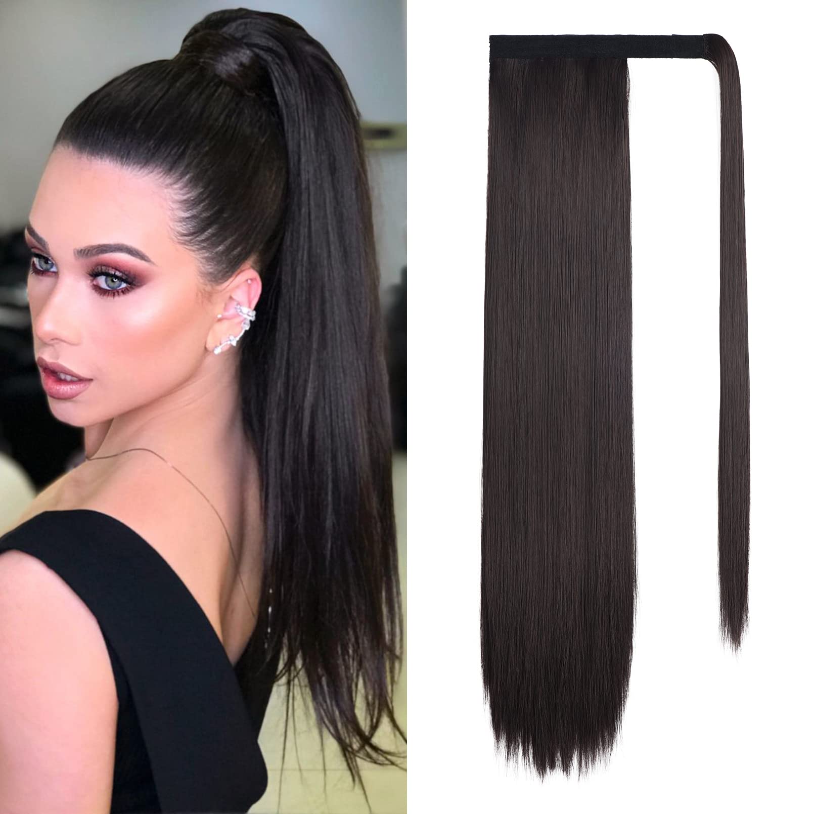 SEIKEA 24" Ponytail Extension Clip in Long Straight Wrap Around Pony Tail Natural Soft Synthetic Hairpiece Hair Extensions for Women Color Black Brown