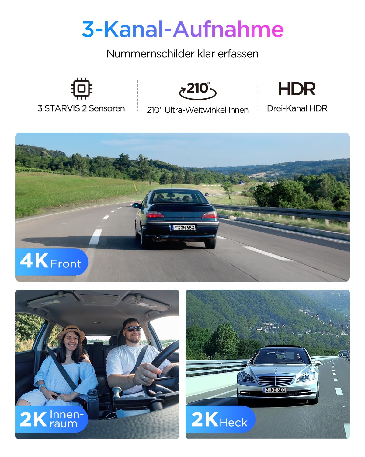 VIOFO A329S 3CH 4K Dashcam vorne hinten, 4K + 2K + 2K Dashcam Auto 3 Lens, Energiespar-Parkmodus, 210°Ultraweitwinkel Innenkamera, Wi-Fi 6 u. App Steuerung, Drei STARVIS 2 Autokamera, optional 4TB SSD