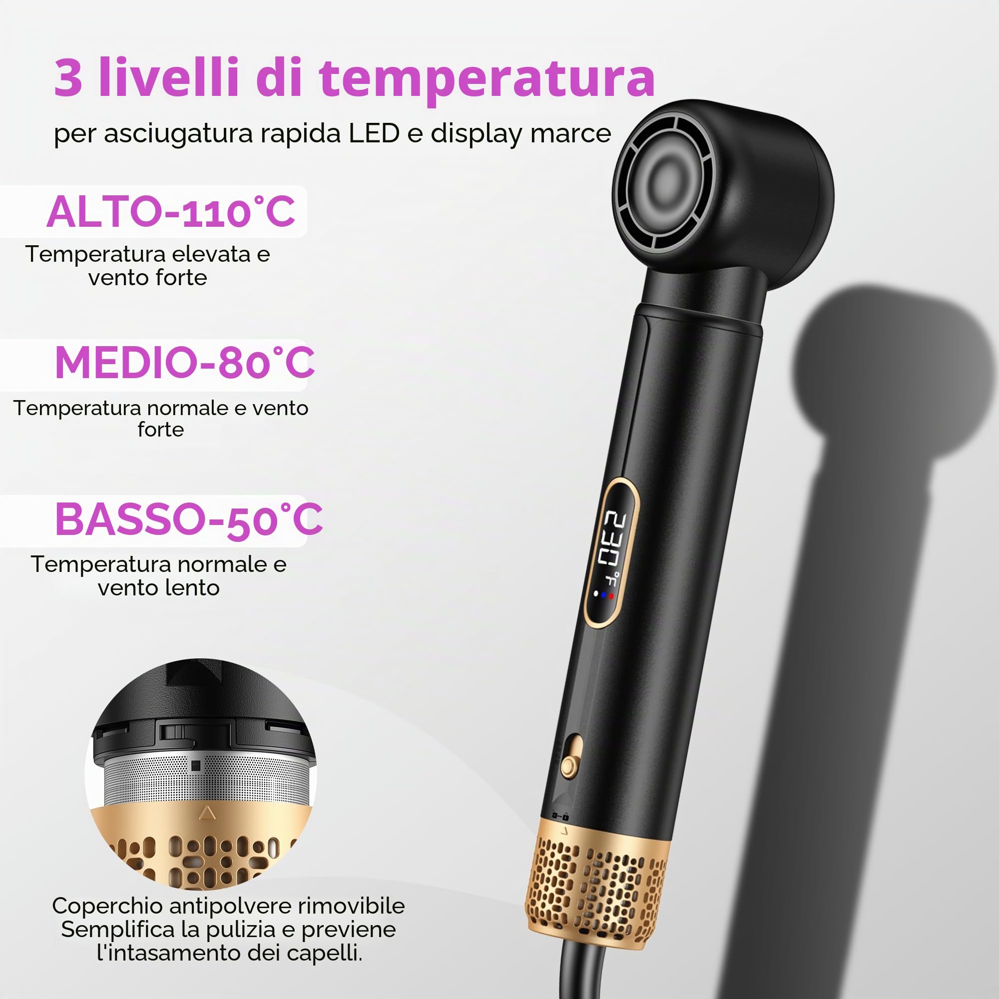 5 IN 1 Hairstyler 1000W Hairstyler, asciugacapelli con spazzola rotonda LCD Air Brush, ferro arricciacapelli e piastra per capelli, 3 livelli di temperatura per volume, lisciatura, riccioli e styling