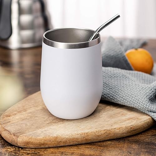 Miniatura 5 de COMOOO Vaso de vino de 12 onzas con tapa y popote, copa de vino de acero inoxidable, copa de vino de doble pared aislada al vacío para vino,