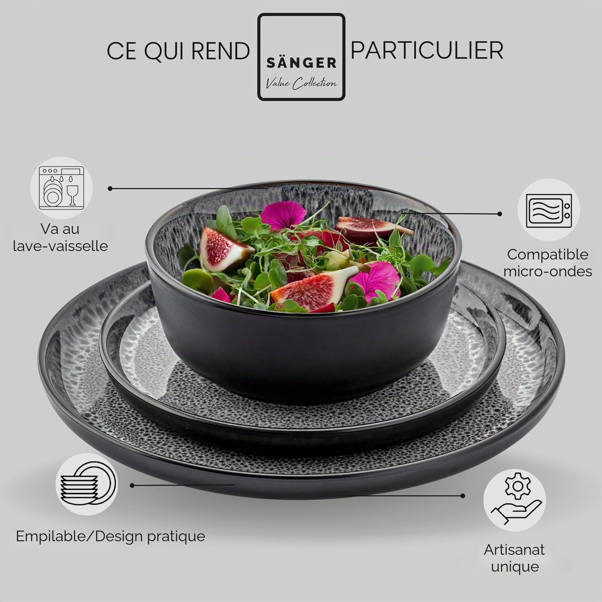 SÄNGER Sydney Vaisselle en faïence 18 pièces, pour 6 personnes, 6 assiettes plates, 6 bols à céréales, 6 assiettes à dessert, service de table gris foncé résistant aux rayures, VALUE COLLECTION