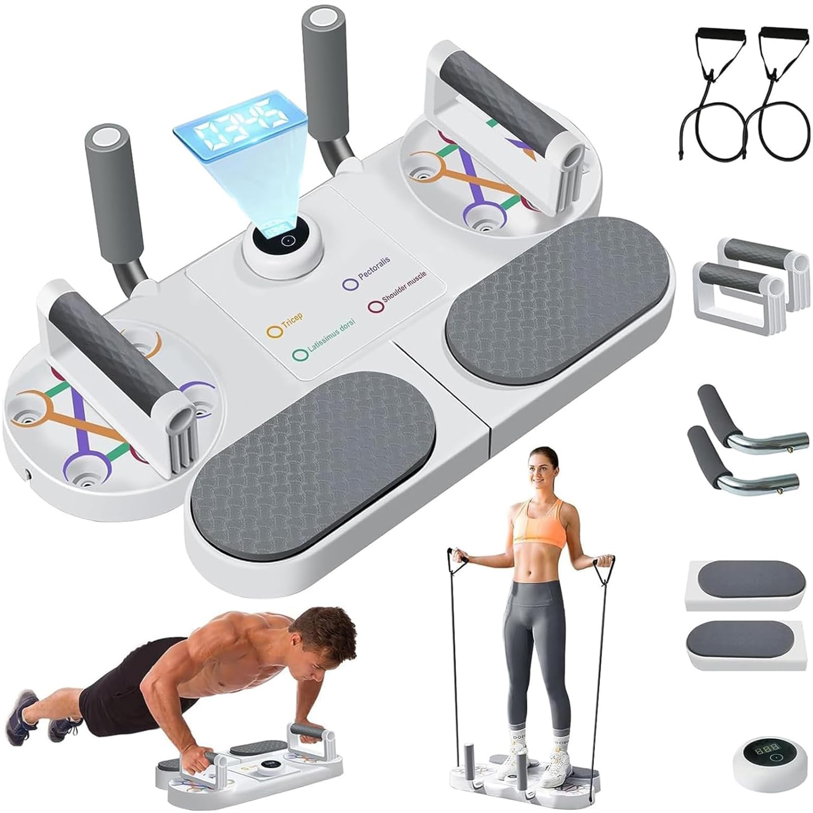 AnnuoYi Push Up Board,Multifunction Muscles Exercise Push ups Training,Press Up Board with Timing Resistance Bands,for Strength Training at Home for Men & Women(White)