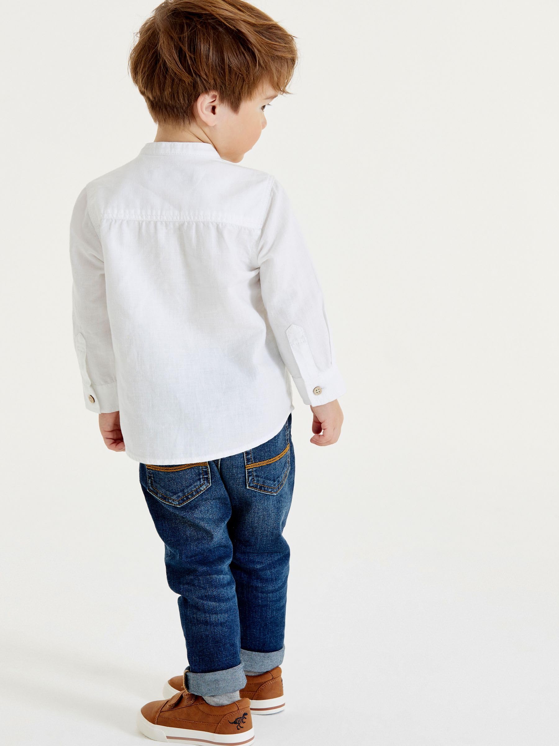 NEXT Garçon Chemise en Lin mélangé à col Tunisien Blanc 3 Ans-4 Ans