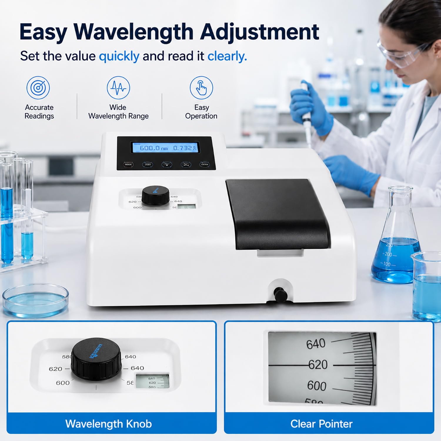 GOYOJO Spettrofotometro portatile 721, lampada visibile dello spettrofotometro 350-1020nm del laboratorio di LDC Digital, spettrometro 110V dell'attrezzatura analitica di laboratorio della lampada del