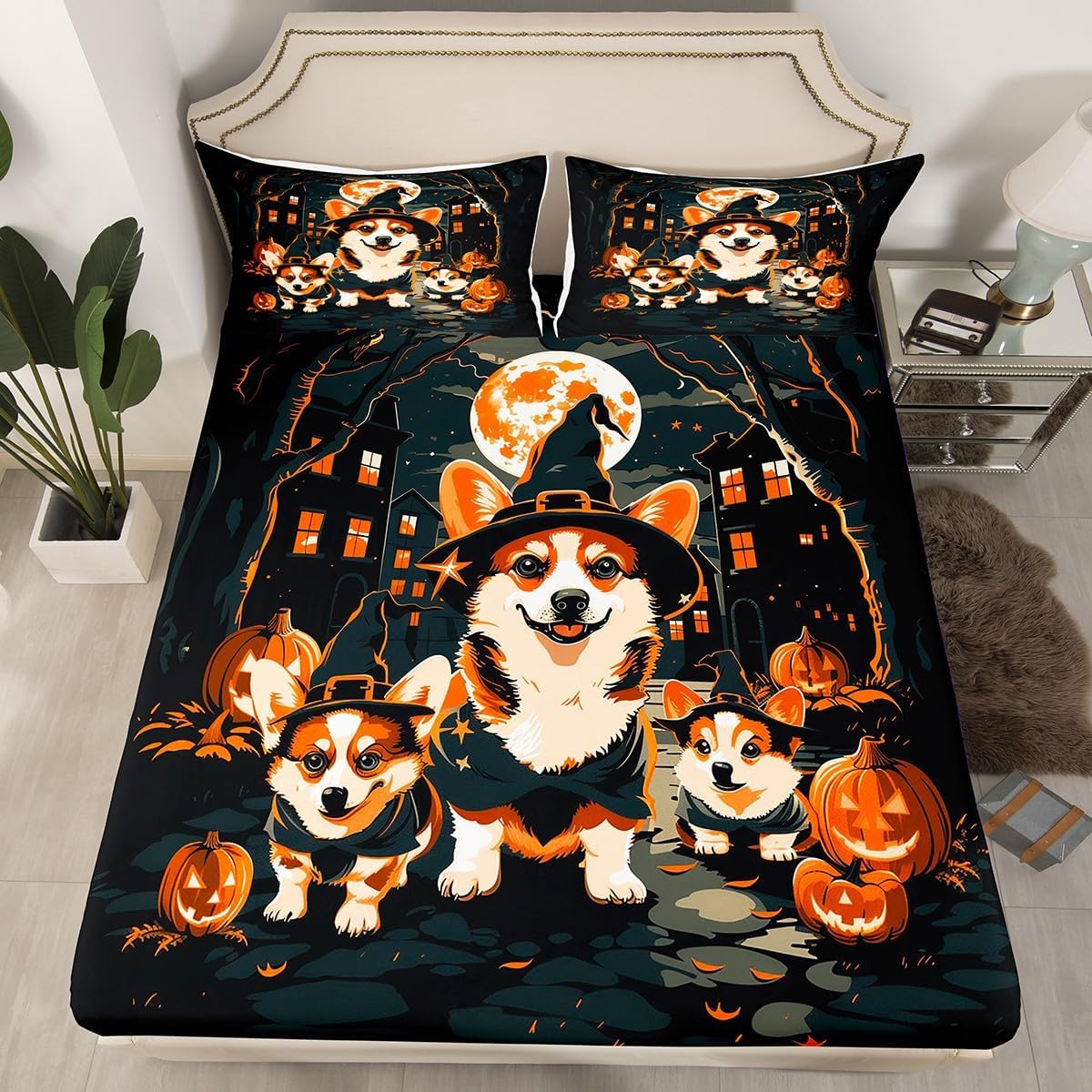 Cartoon Corgi Kids Fitted Sheet Queen Size,Pumpkin Witch Hat Castle Halloween Theme Bedding Set,Boys Girls Room Decor,Cute Animal Rustic Bed Cover,Black Trippy Bed Sheet,2 Pillowcases