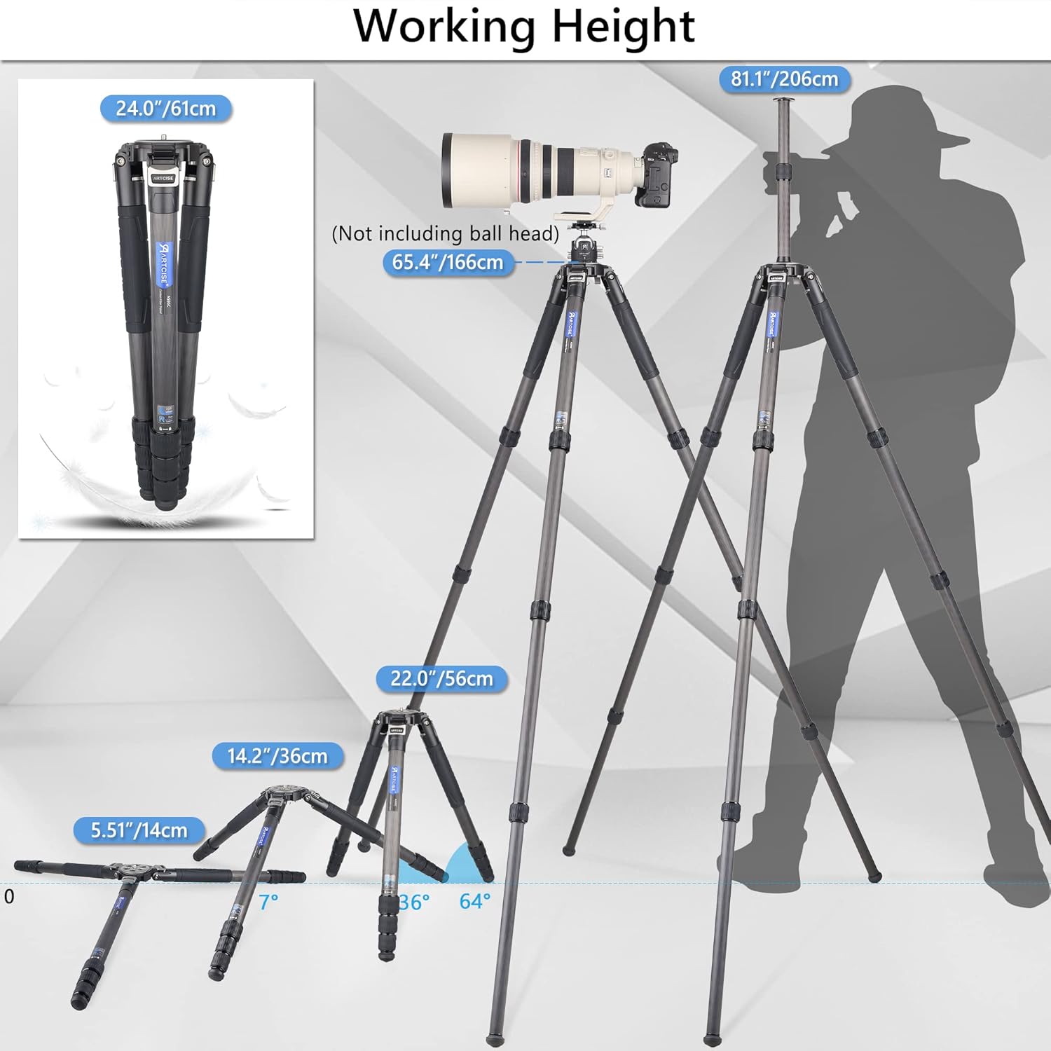 82" Carbon Fiber Bowl Tripod Heavy Duty Camera Tripod with 75mm Bowl and Adapter, 10 Layers Carbon Fiber 1.57" /40mm Leg Tube, Ultra Stable Professional Camera Tripod, Max Load 88Lbs/40kg (AS95C)
