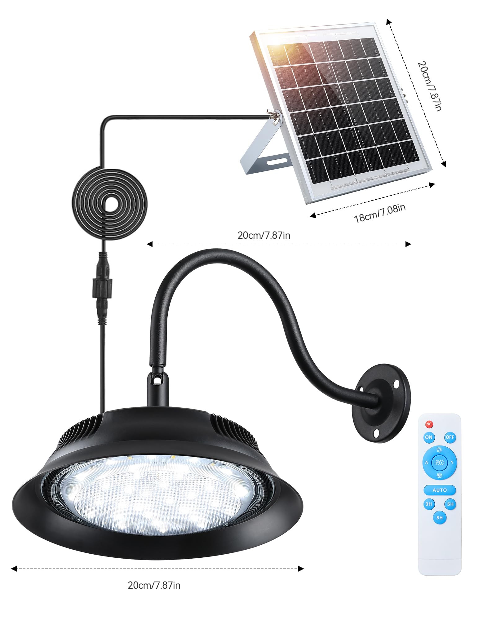 Lampe Solaire Extérieure Intérieure avec Télécommande Minuterie, 3 Températures de Couleur, Luminosité Réglable 5000mAh Installation Murale Suspension pour Jardin Allée Garage Pergola