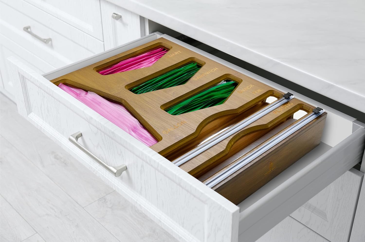 Cozee Bay Bamboo Food Bag Organizer with Foil and Plastic Wrap Organizer, Kitchen Drawer Organizer, Wrap Dispenser with Cutter, for Gallon, Quart, Sandwich, Snack Bags and 12" Roll (Black)