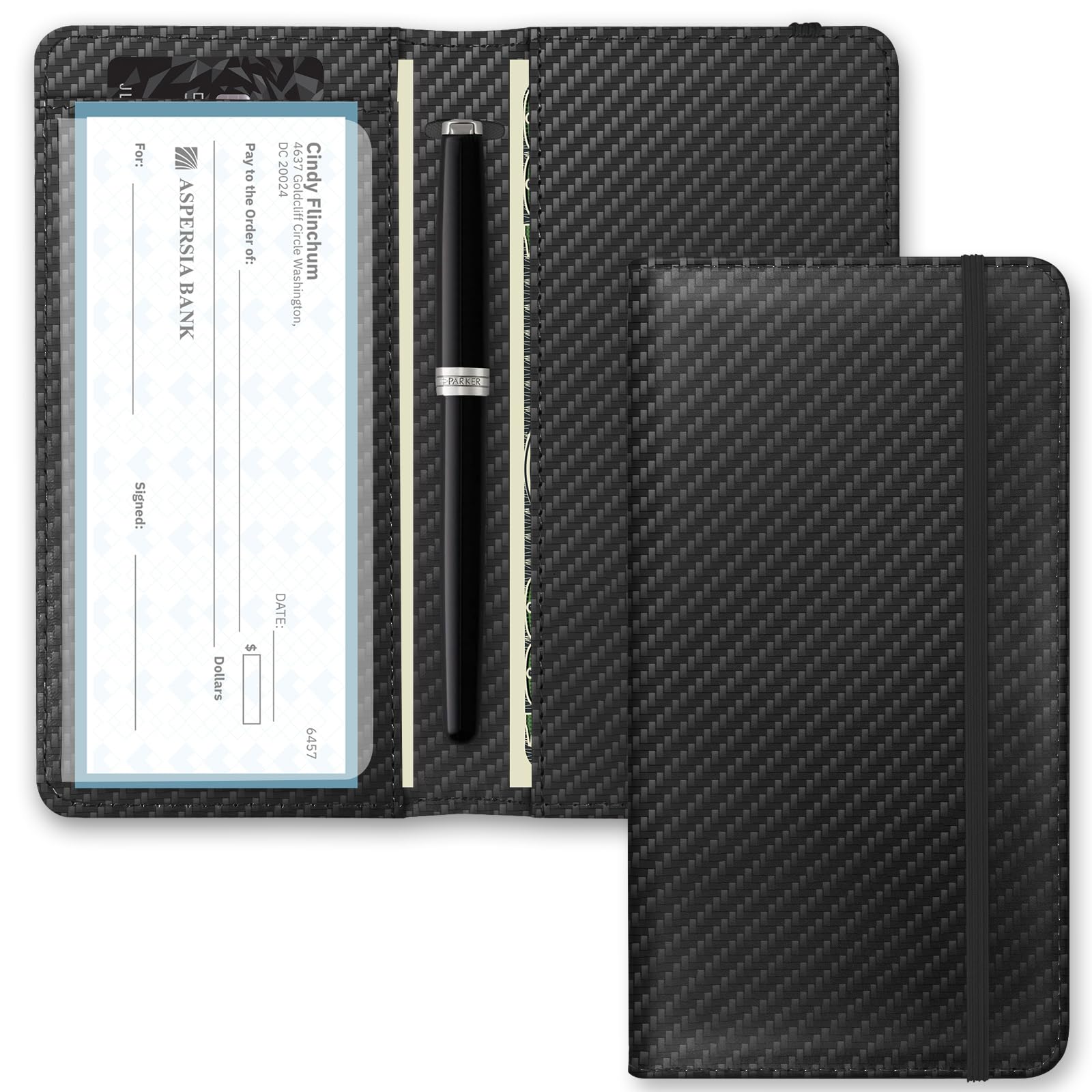 Printed Checkbook Cover, RFID Blocking Checkbook, Stylish, Lightweight, Slim Durable, Multi-Functional Checkbook Holder for Personal and Business Checks (Black Carbon)