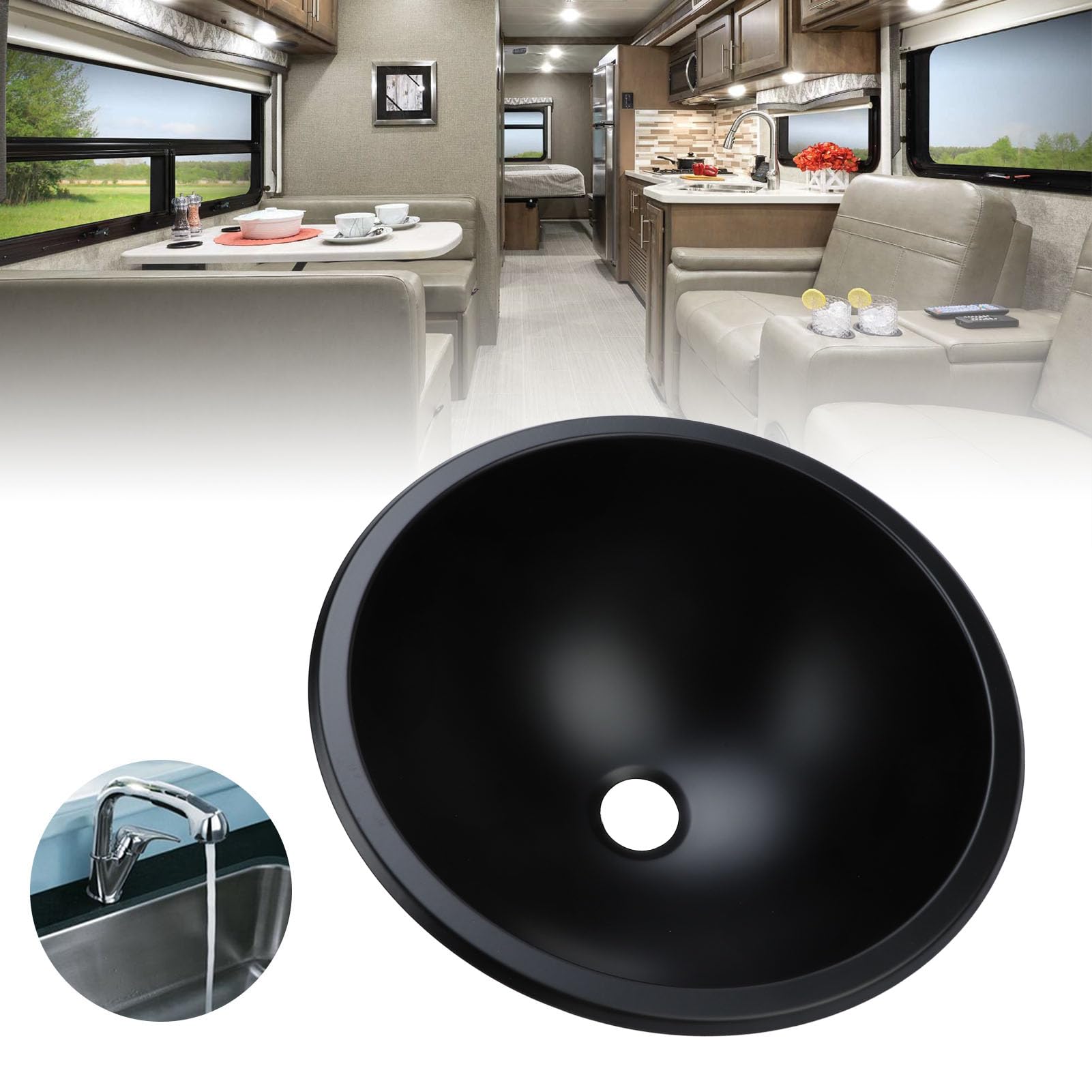 Évier Rond pour Camping-car en Acier Inoxydable, Petit évier de Cuisine Rond Noir pour Camping-car de 12, 5,9 de Profondeur, Évier de Barre de Cuisine pour Cuve Unique,