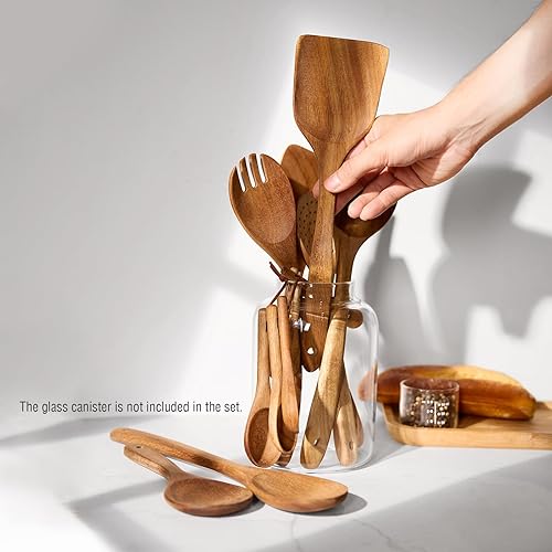 Miniatura 3 de Cucharas de madera para cocinar, juego de 13 utensilios de cocina de madera de acacia, incluye cuchara de madera, espátula, cucharón de sopa,