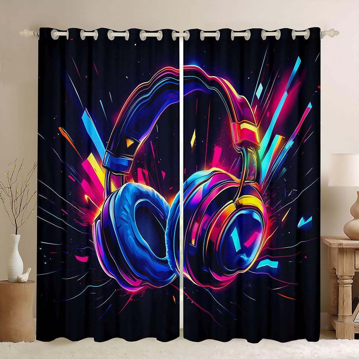Feelyou Headphone Darkening Drapes Gamer Curtains for Living Room for Kids Boys Gaming Theme Blackout Curtains (2 Panels, 38 x 45 Inch) Gaming Gift Blue Window Treatments