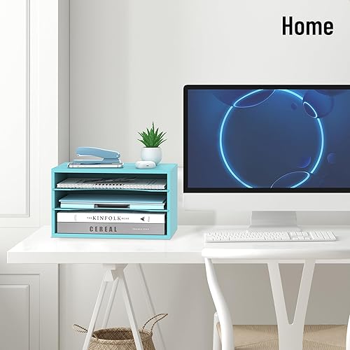 Miniatura 8 de Organizador de escritorio de madera, organizador de bandeja de papel de 3 niveles para escritorio con estantes de almacenamiento ajustables, soporte