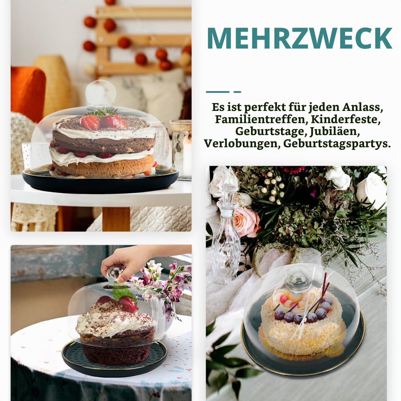 Cabilock Cabilock Kuchenständer Mit Glasglocke, Keramik Tortenplatte 10 Zoll, Grüne Keramik-Tortenplatte mit klarer Glasglocke für Kuchen, Käse und Desserts