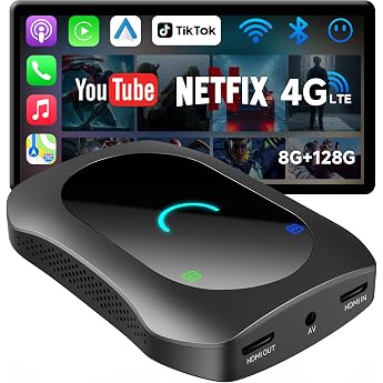 CarPlay Android Car Wireless Adapter + Android OS Car VideoBox with HDMI In/Out 4G LTE Dual BT & WLAN GPS OTA DriveChat AI Voice AI Box CarPlay for Netflix/YouTube/TikTok/TF Card 256GB