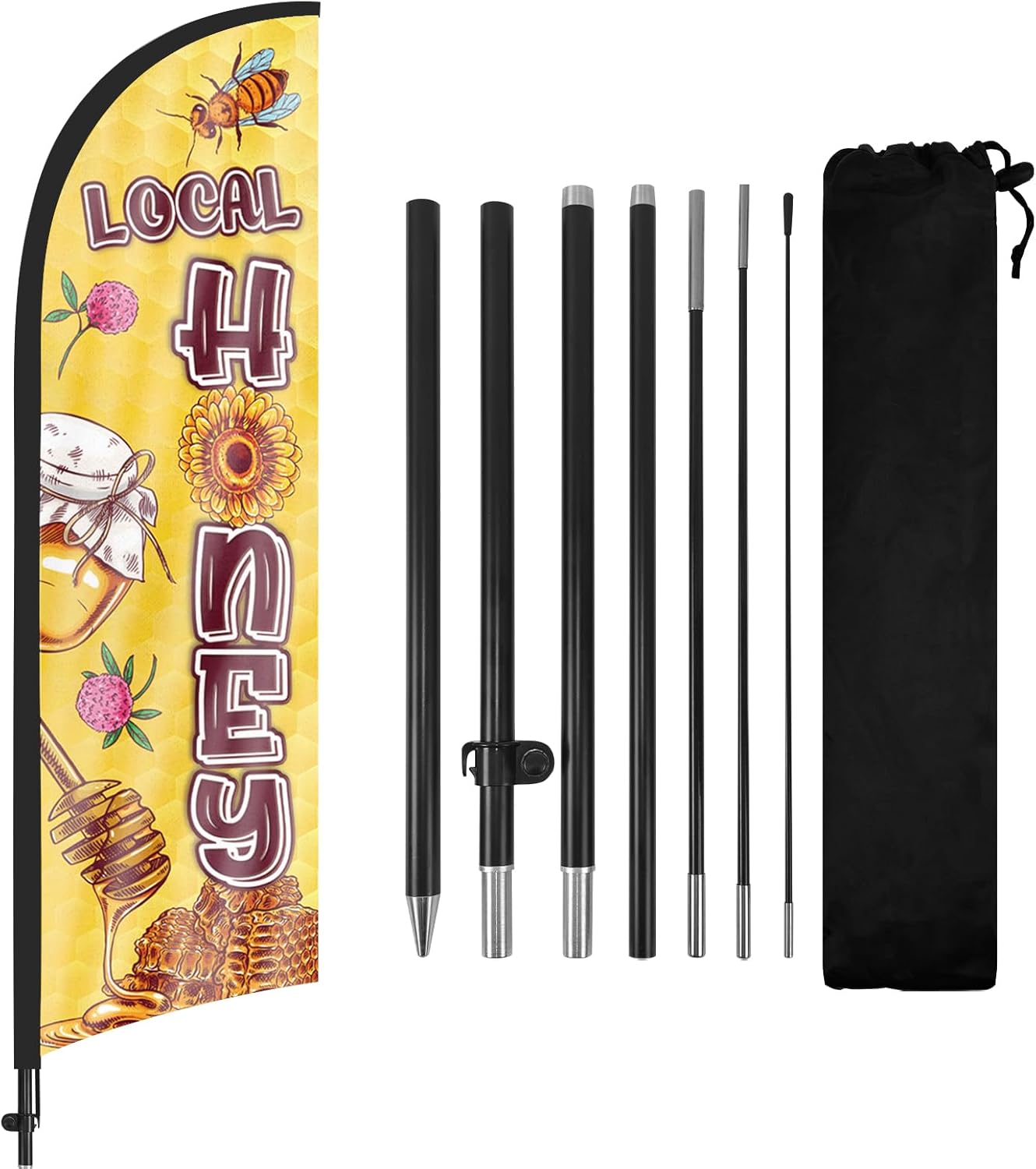 Local Honey Feather Flag with Pole and Ground Stake, 8FT Swooper Advertising Banner Sign for Honey Stands, Farmers Markets Local Honey Businesses