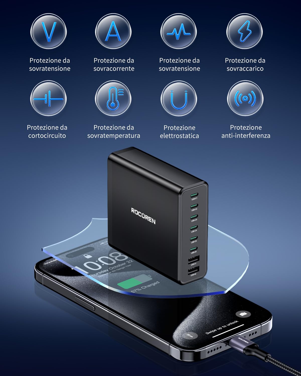 Rocoren 340W Caricatore USB C Multiplo, 8 Port PD100W QC4.0 GaN Stazione di Ricarica, Alimentatore USB C con cavo da 1.5 m, Carica batterie per MacBook Pro Air iPhone 16 Pro Max iPad Galaxy S24 Laptop