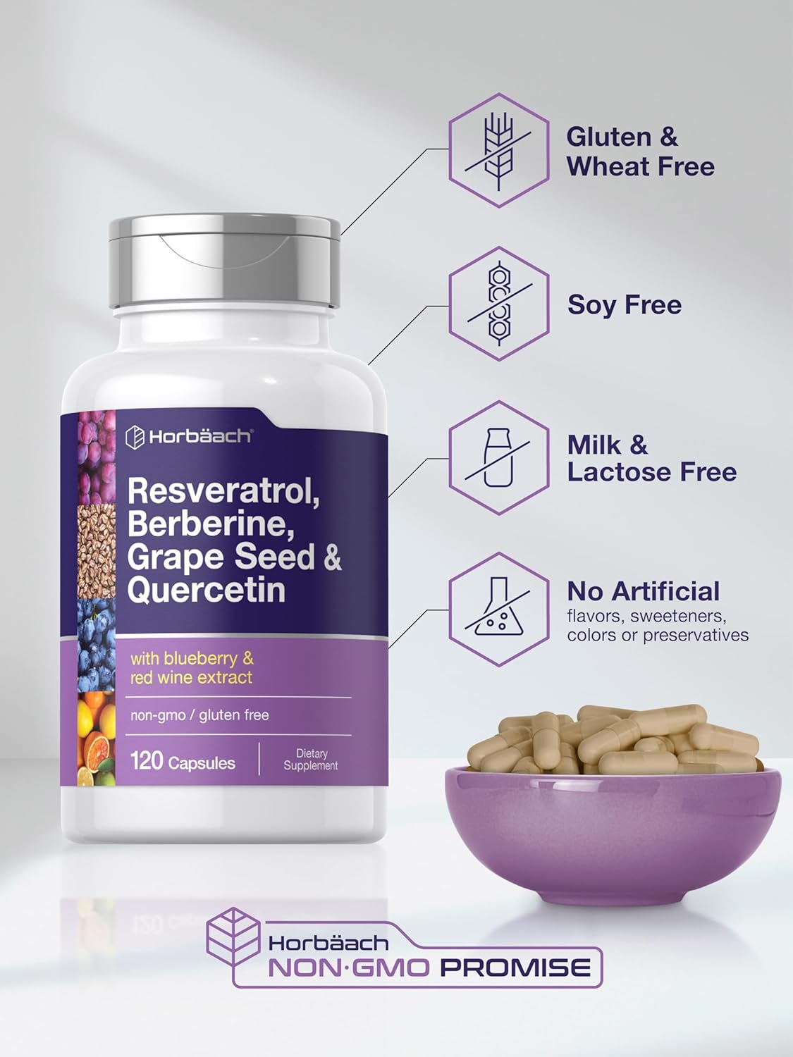 Horbäach Resveratrol Berberine Grape Seed & Quercetin | with Blueberry & Red Wine Extract | 120 Capsules | Non-GMO, Gluten Free & Vegetarian Supplement