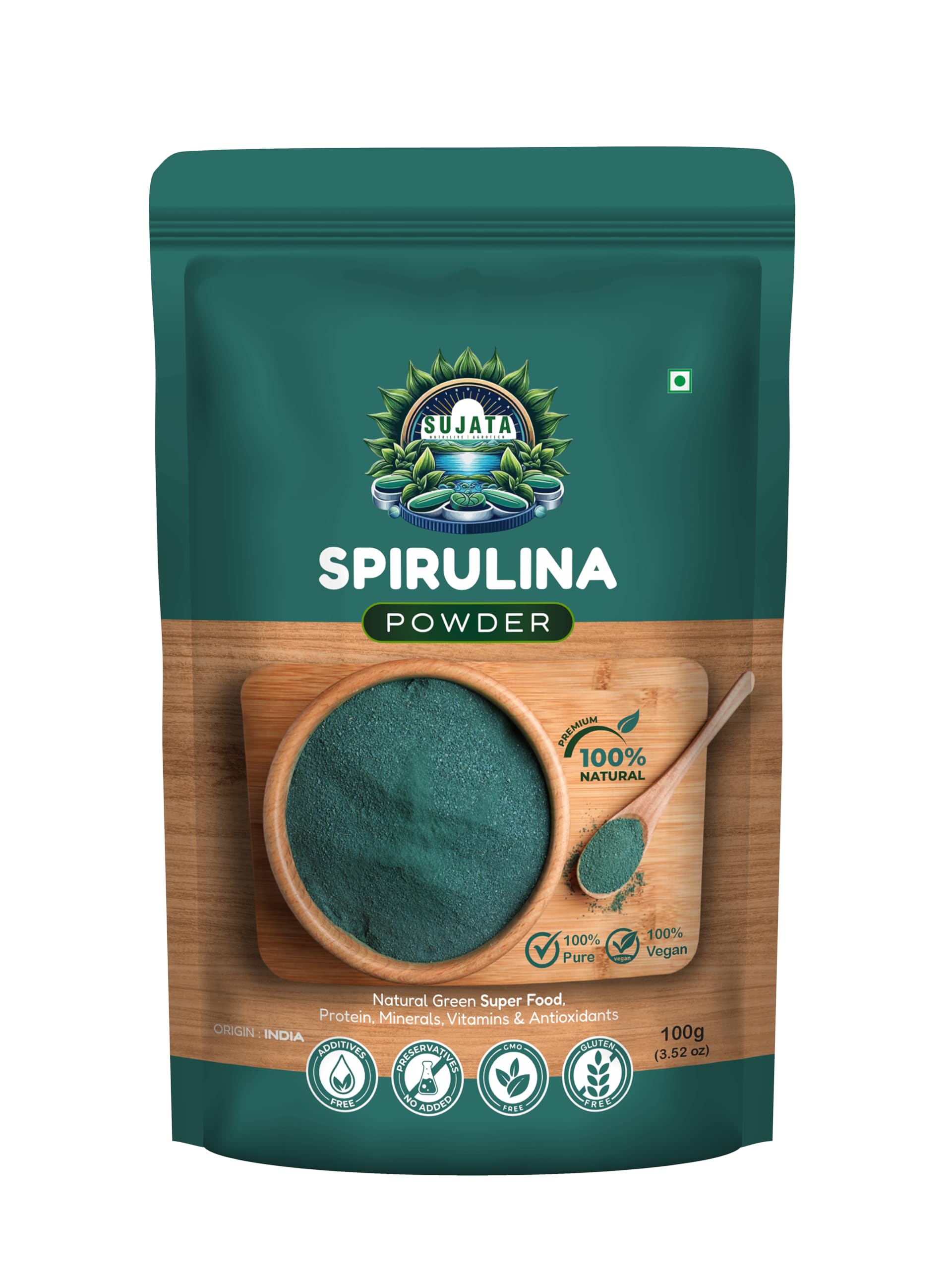 Sujata Organic Spirulina Powder 100g - Rich in Antioxidants, Boosts Energy and Supports Immune System, USDA Organic, Vegan, Gluten-Free, Natural, Superfood, Supplement, Antioxidant-rich