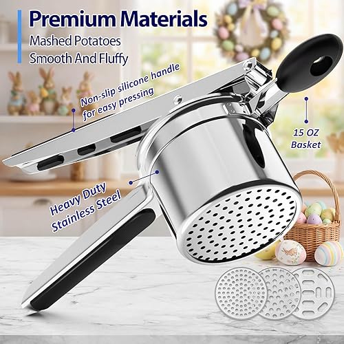 Miniatura 5 de Ricer de patatas, ricer para puré de patatas, 3 discos intercambiables Triturador de patatas de acero inoxidable para puré de patatas esponjoso