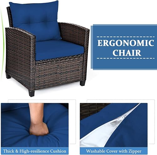 Miniatura 91 de Tangkula - Juego de muebles de patio de 3 piezas, mimbre de ratán de PE, para exterior, con cojín lavable y mesa de vidrio templado, muebles