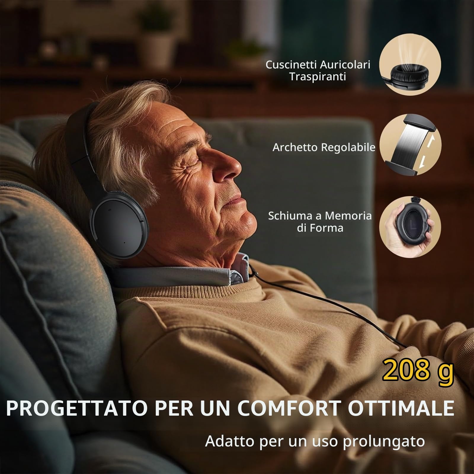 PROW Cuffie TV con Un Solo Tasto per Anziani, Ricaricabili, con Audio Potente e Chiaro per Ipoacusia Lieve, Cuffie Wireless Esclusive per TV con Collegamento USB/Ottico/RCA/3.5mm per Ascolto Privato