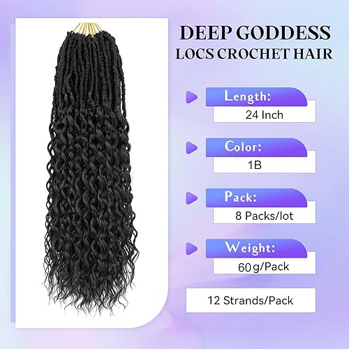 Miniatura 2 de DoeSeor Goddess Locs Cabello de Ganchillo de 24 Pulgadas Ondas Profundas 8 Paquetes Nuevos Locs Sintéticos Suaves Trenzas de Ganchillo Extensiones