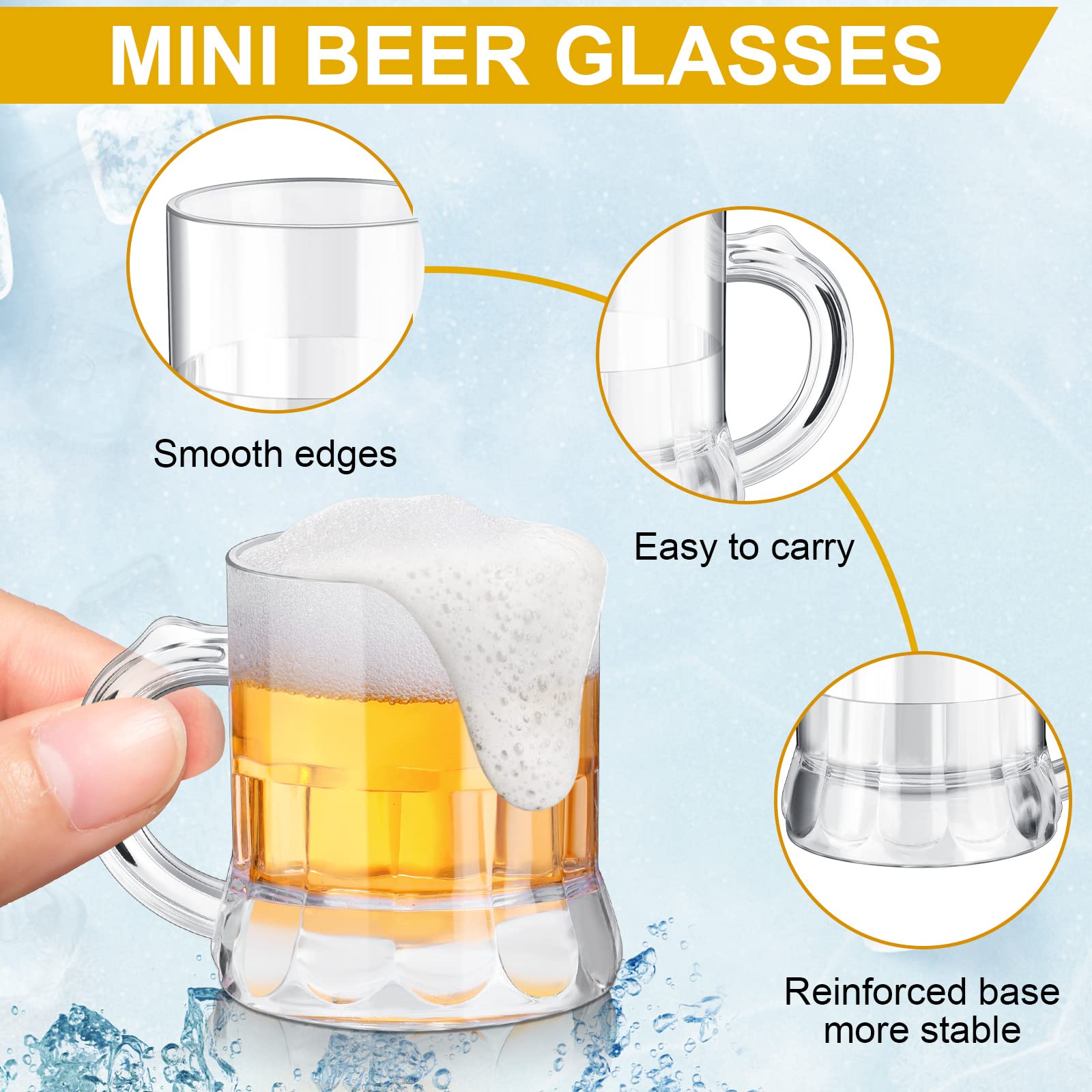 Yinder 100 Pieces 2 oz Mini Beer Mug Plastic Shot Glasses Beer Mug Glass with Handles Clear Mini Solid Base Reusable Beer Stein Tasting Glasses for Vodka, Whiskey, Espresso, Birthday, BBQ Party