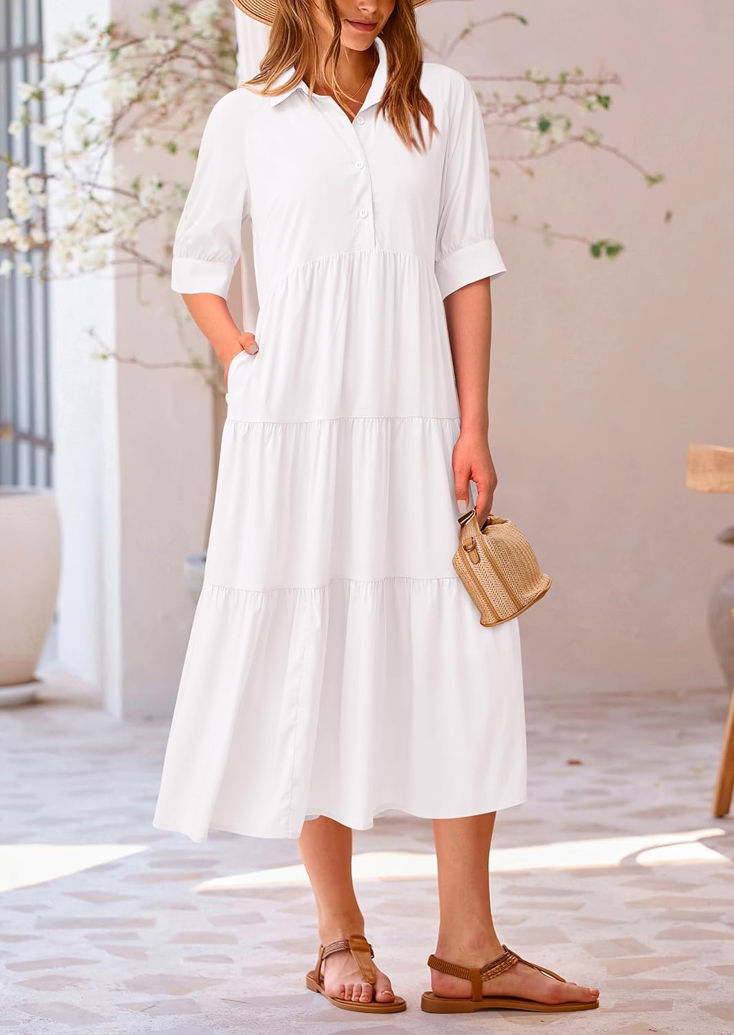 PRETTYGARDEN Women's Summer Long Dress Short Sleeve Lapel Casual Ruffle Flowy Maxi Dresses (Solid White,X-Large) - Image 4