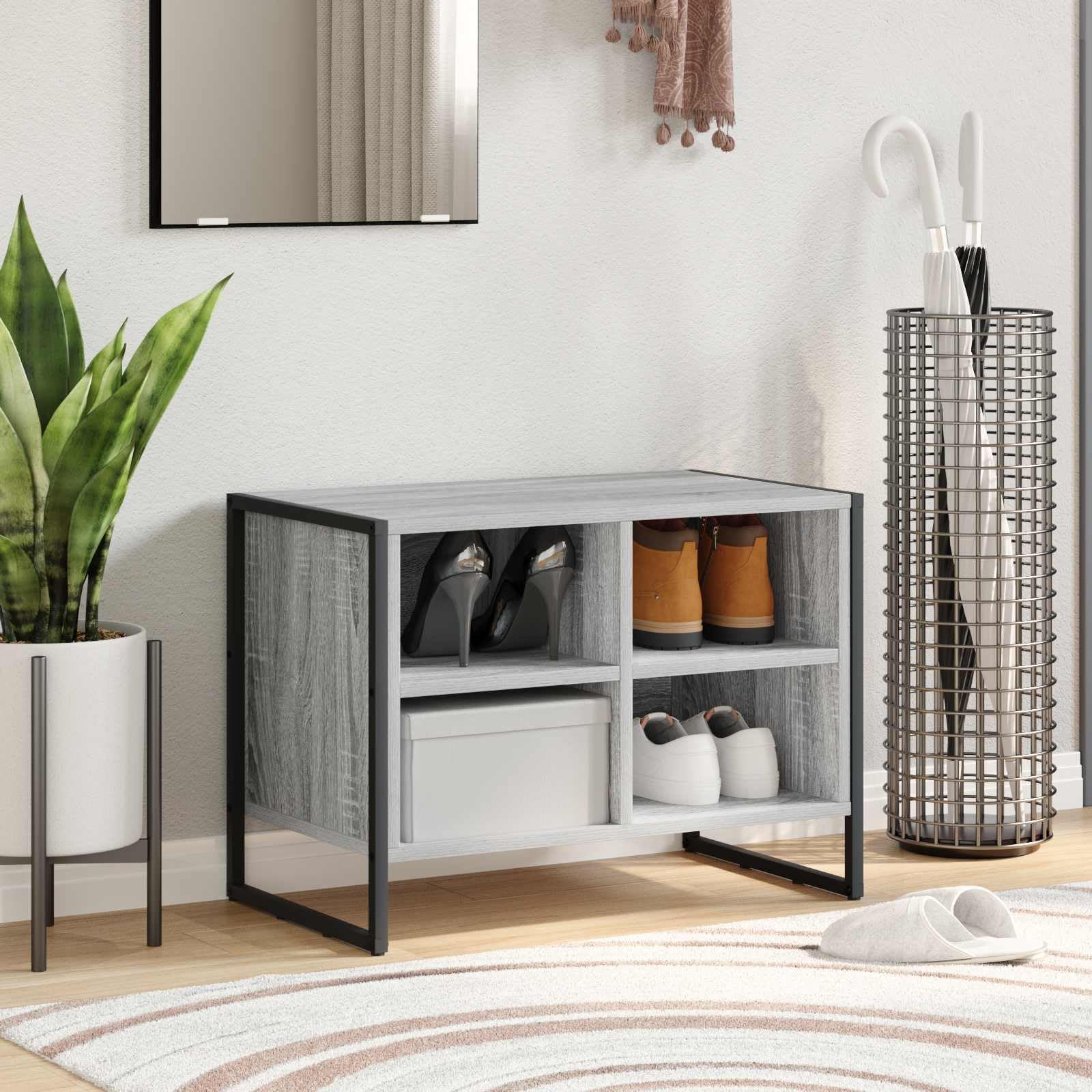 Schuhschrank Graues Sonoma Holzwerkstoff 60 x 35 x 44 cm, platzsparendes Schuhregal mit Klapptüren, Stabiler Schuhständer für Flur, Diele, Schlafzimmer, Organizer und Aufbewahrung