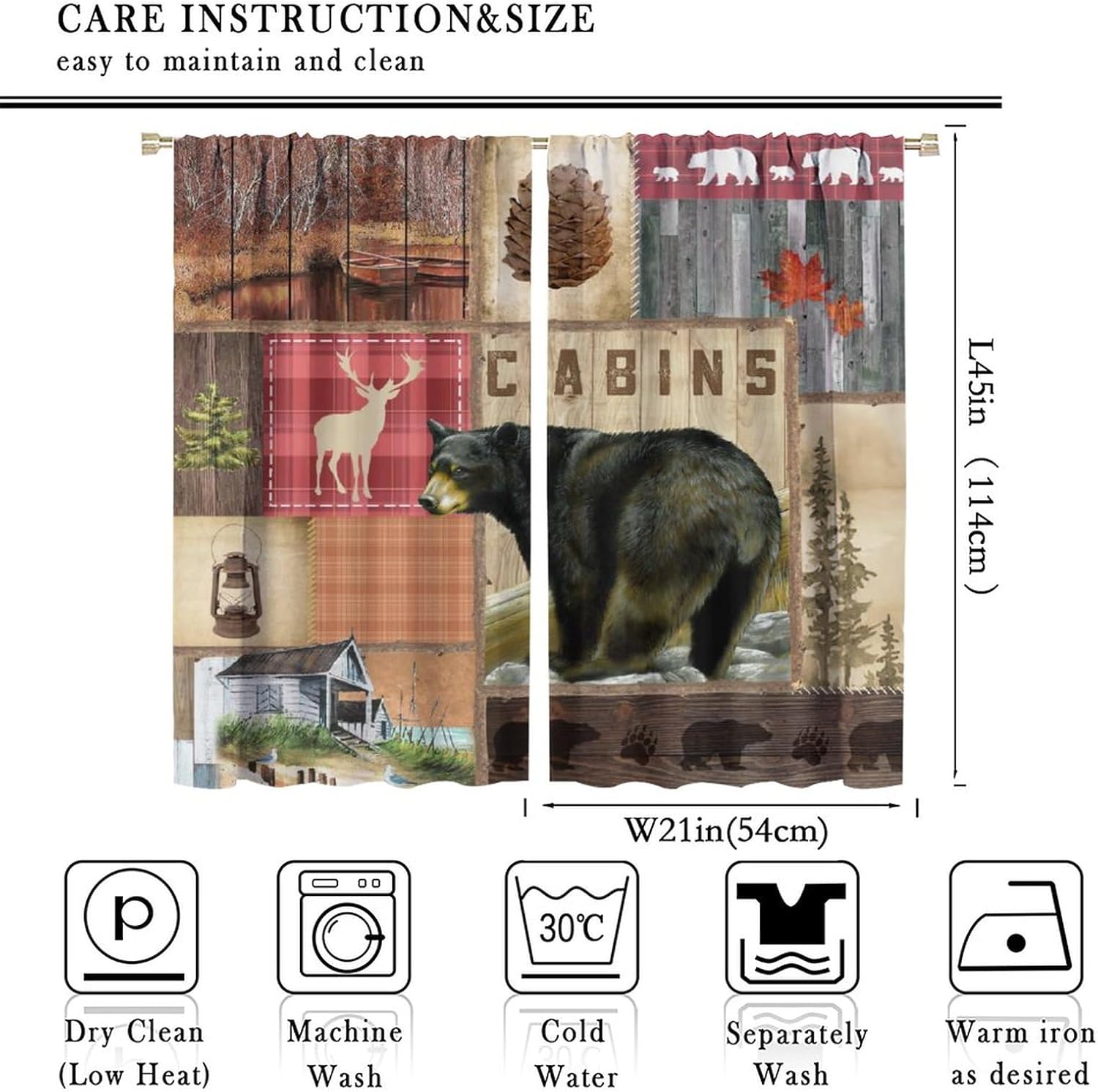 Brown Bear Curtain,Forest Animals Hunting Wildlife Rustic Cabin Room Darkening Door Window Rod Pocket Curtain for Living Room Kitchen Bathroom W42xL45in