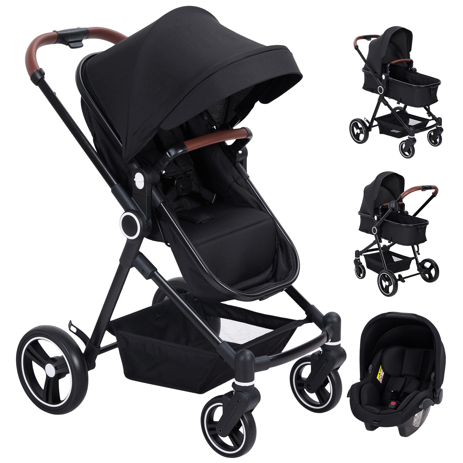 kinderwagen 3 in 1, KombiKinderwagen Set up to 26 kg, Buggy mit Babywanne & Babyschale – einhändig faltbar, Liegefunktion, wendbarer Sitz, leichtes Gestell, Großes Verdeck, Regenschutz