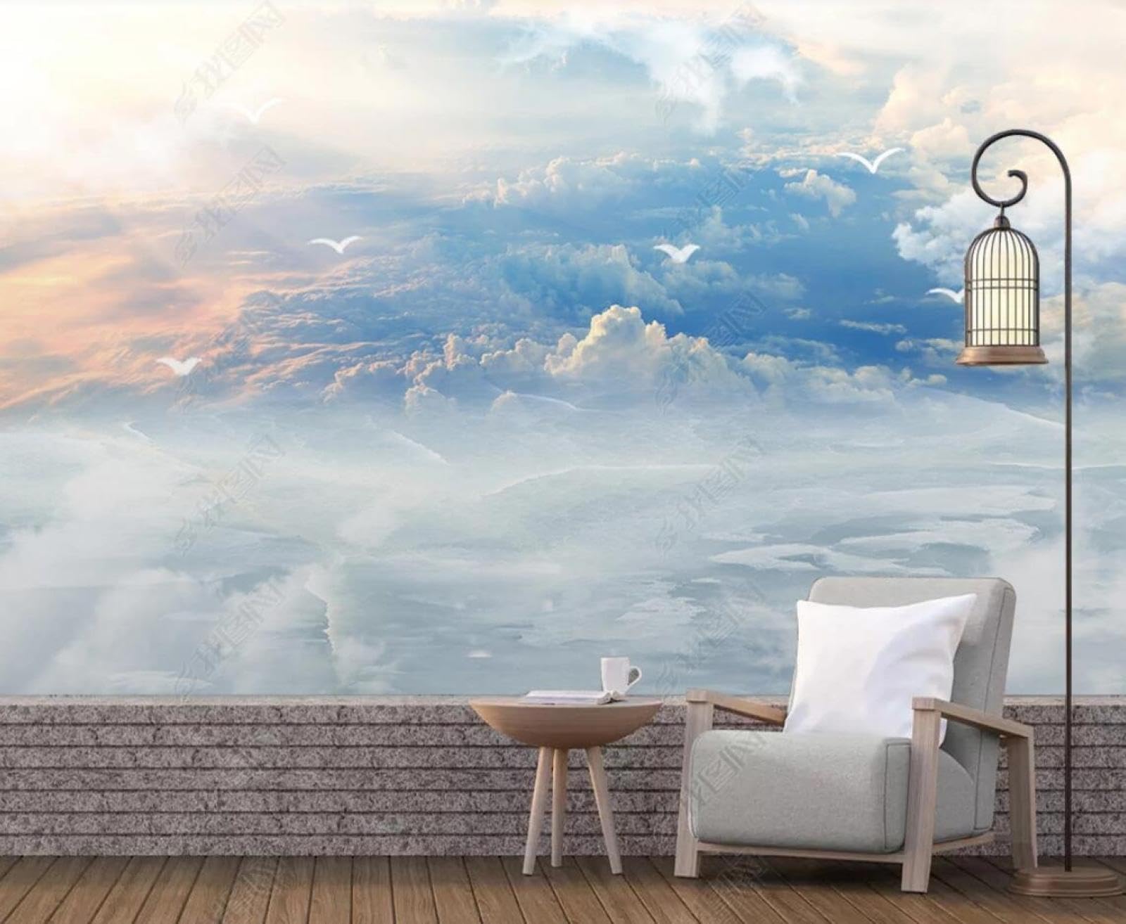 Papier peint panoramique 3D oiseau et nuage grand angle