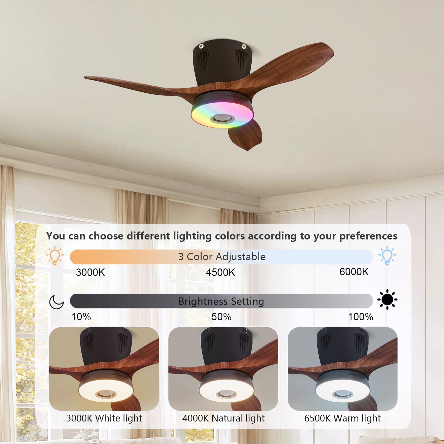 RGB Dimmable Plafonnier Ventilateur avec Telecommande LED Silencieux Ventilateurs de Plafond avec Lampe Douille E27 Fan Plafonnier Musique Lampe de Ventilateur pour Chambre à Coucher Salon (Noir)
