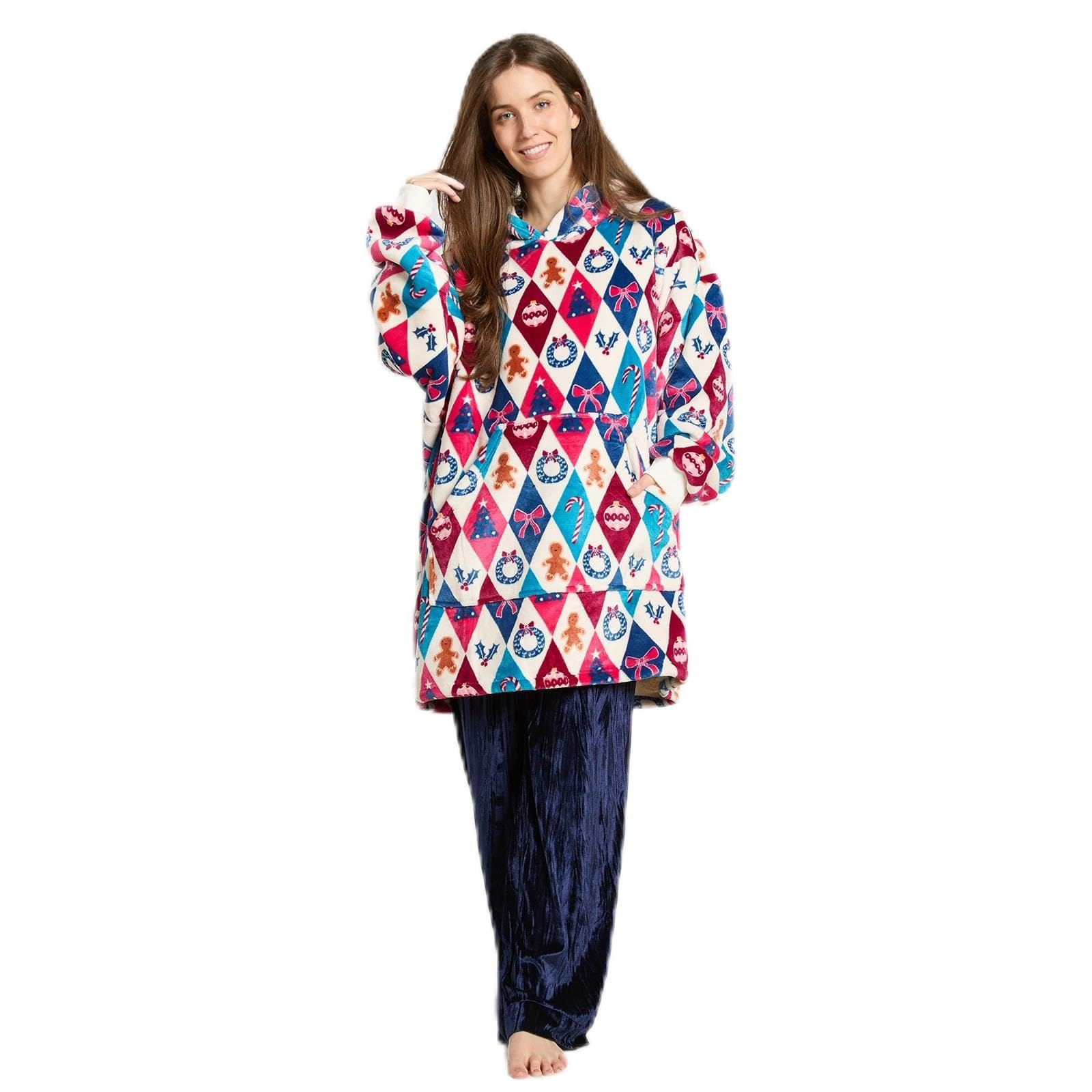 OHS Festive Harlequin Hoodie Blanket Sherpa Lined Wearable Blanket, Multi