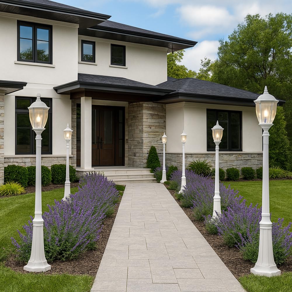 Vetrineinrete® Lampione da giardino con palo lanterna da terra luce per esterno in alluminio e vetro con portalampada per vialetti E27 ES35-B (Bianco) P31