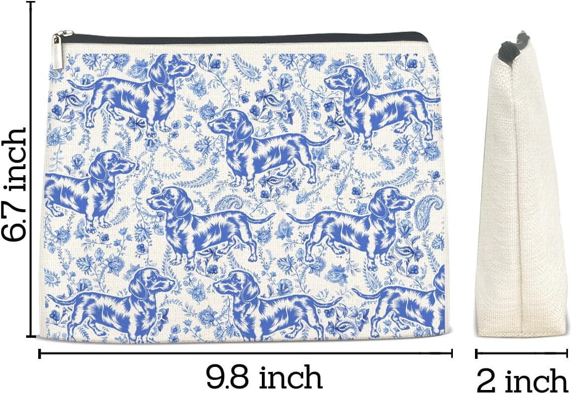 Blue Floral Dachshund Makeup Bag Humor Cosmetic Bags for Women Doxie Lovers Doxie Mom Gifts Chic Dachshund Makeup Pouch With Zipper Travel Toiletry Organizer Bag Purse - Image 2
