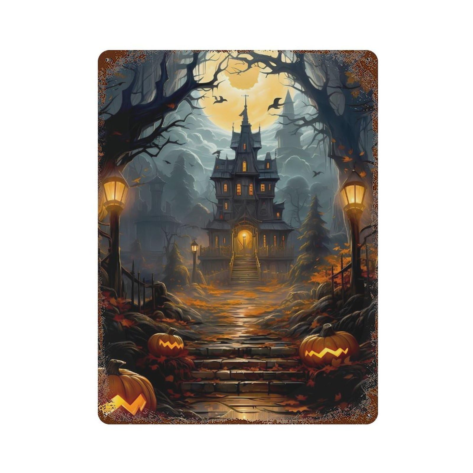 Halloween Haunted House Scene 15.7"x11.8" Decorative Tin Sign, Retro Wall Decor for Bistro, Counter And Cafe Decor