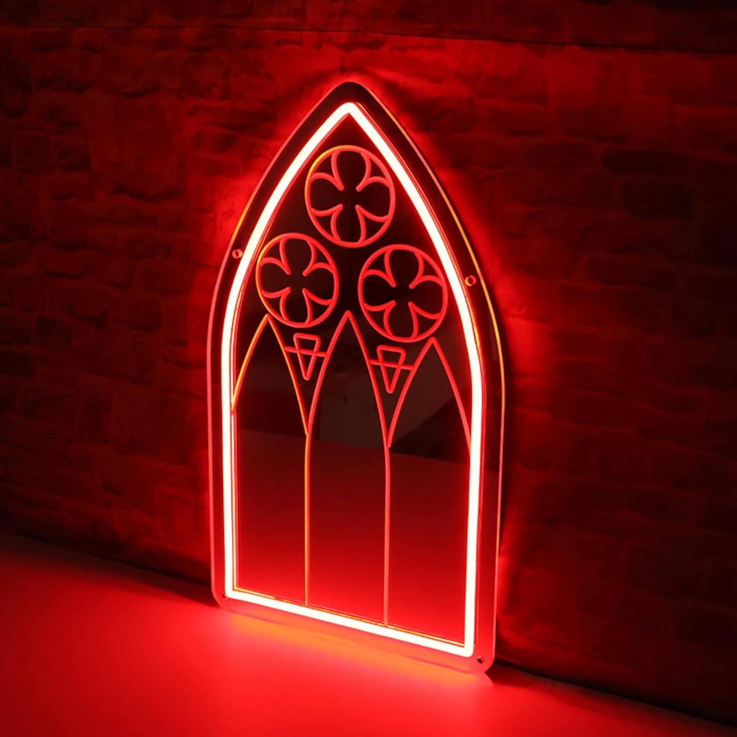 Gothic Window Mirror Neon Sign, Red LED Wall Light – Medieval Cathedral Style Home Decor for Bedroom, Living Room, Bar, Church Events, Gothic Party Backdrop 16.5″ × 9.6″